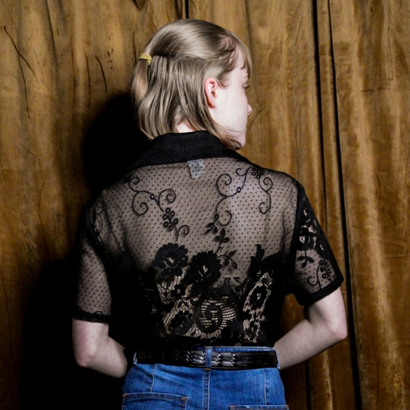 Black Lace Button Collared Button-Up - Picture 2 of 3